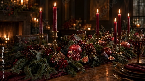 Elegant Christmas dining table centerpiece with red candles in gold candlesticks, fir garland, pomegranates and pine branches in a warm candlelit room with fireplace