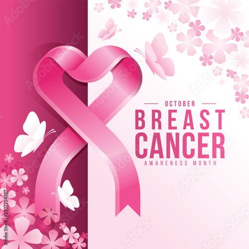 Breast cancer awareness month - Pink ribbon awareness roll to heart shape and butterfly around on pink flower texture background vector design