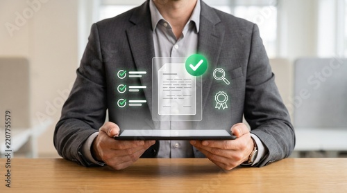 Visualization of Person holding a tablet displaying a document with a green checkmark icon in an office with seal icon above screen projects transparent graphic symbol checklist magnifying