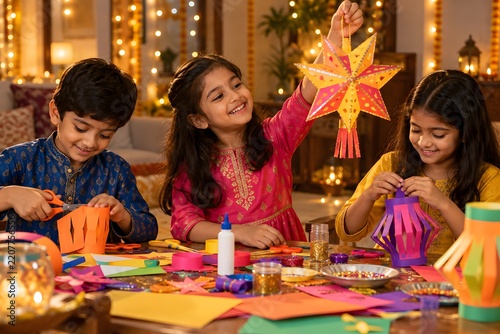 Happy Indian Children Making Colorful Paper Lanterns and Star Kandil Together at Home for Diwali, DIY Craft Activity with Scissors, Glue and Paper