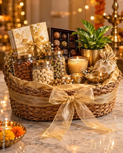 Luxury Diwali Gift Hamper in Wicker Basket with Dry Fruits Jars, Chocolate Box, Candle, Potted Plant and Golden Ribbon Bow with Warm Bokeh Lights