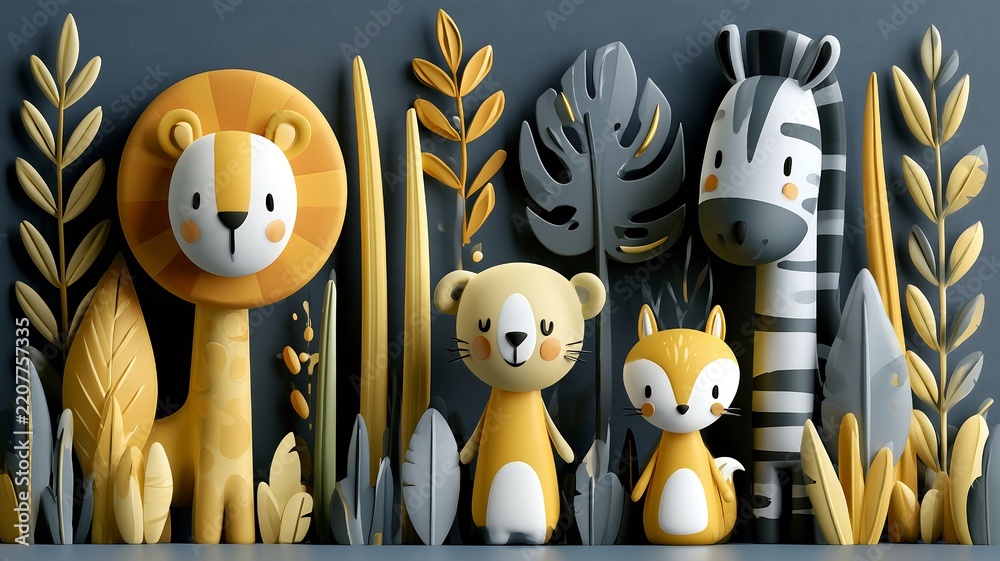 Obraz premium Cute figures of a lion, a koala, foxes, and a zebra amidst stylized plants against a dark background.