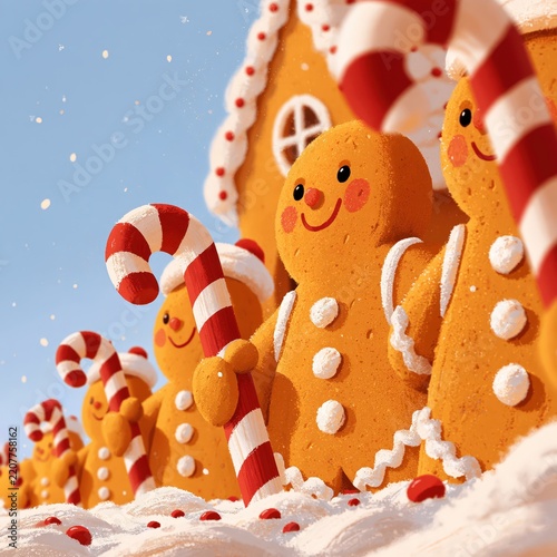 Gingerbread cookies standing in a row, holding striped candy canes in a snowy, sugary landscape with a cozy house