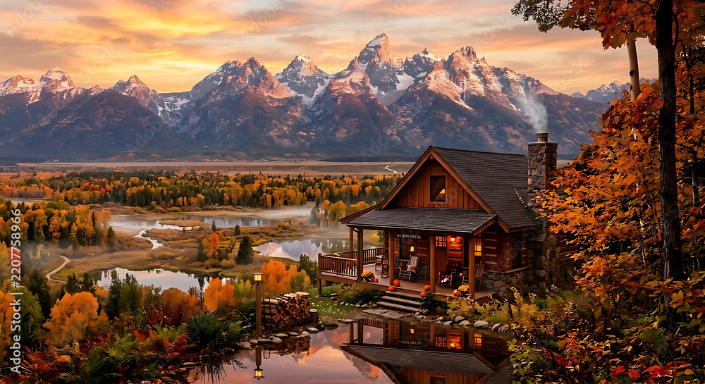 Fototapeta premium A secluded wooden cabin among brilliant fall foliage overlooks a peaceful valley, creating a cozy retreat beneath towering mountain peaks