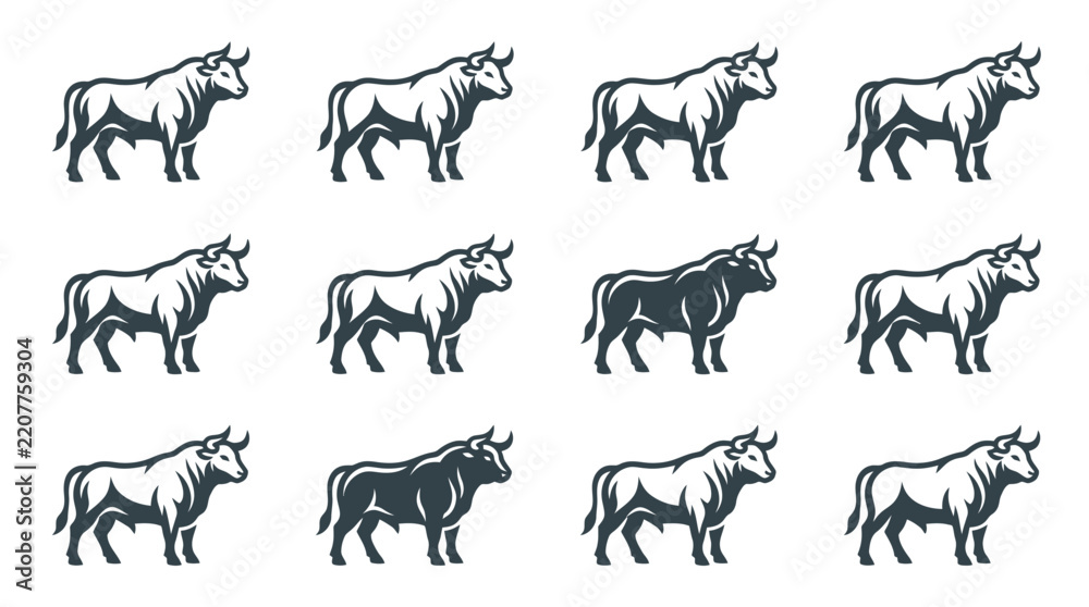Fototapeta premium Bulls collection illustrated with vintage and minimalist linocut symbols for graphic branding.
