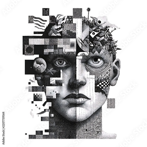 A surreal black and white digital portrait blending geometric and organic patterns, depicting a fragmented human face with abstract elements.