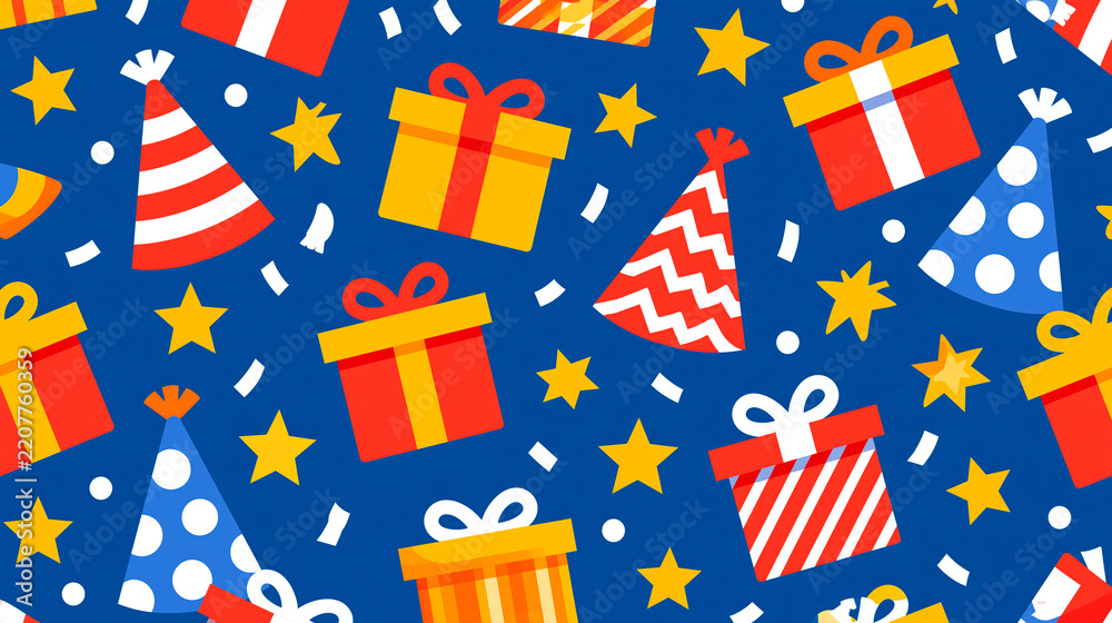 Obraz premium Seamless pattern combining party and gift-themed items, celebration design, with copy space