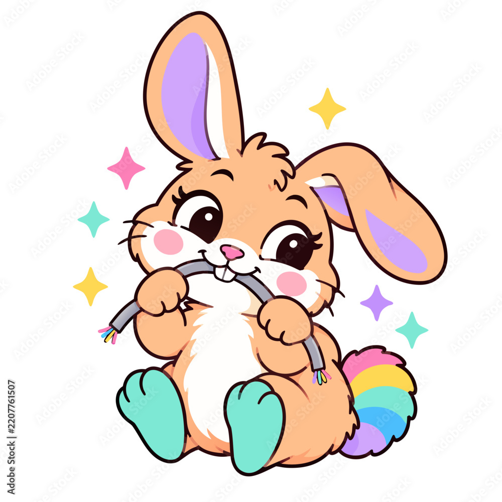 Fototapeta premium Cheeky bunny chewing a cable, funny cartoon pet rabbit vector with rainbow tail