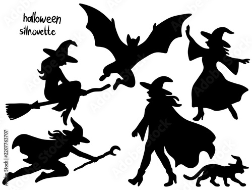 Halloween silhouette set with witches, bat, and cat in black