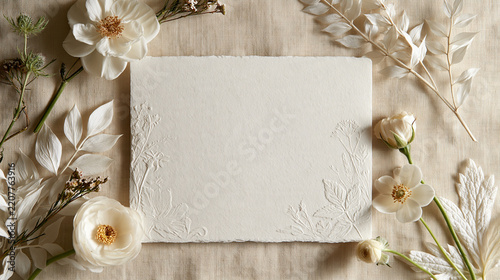 Blank card with floral embossed border surrounded by white flowers on linen. Use as a wedding invitation or elegant stationery mockup.
