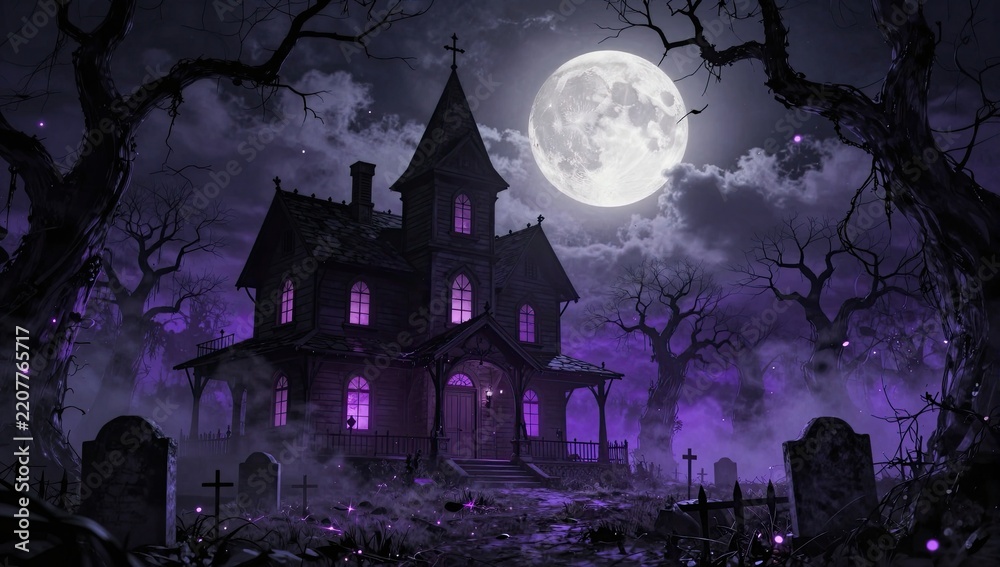 Fototapeta premium Spooky Haunted Mansion in a Graveyard Under a Large Full Moon at Night with Eerie Purple Mist, Twisted Bare Trees and Old Tombstones in a Dark Sinister Landscape