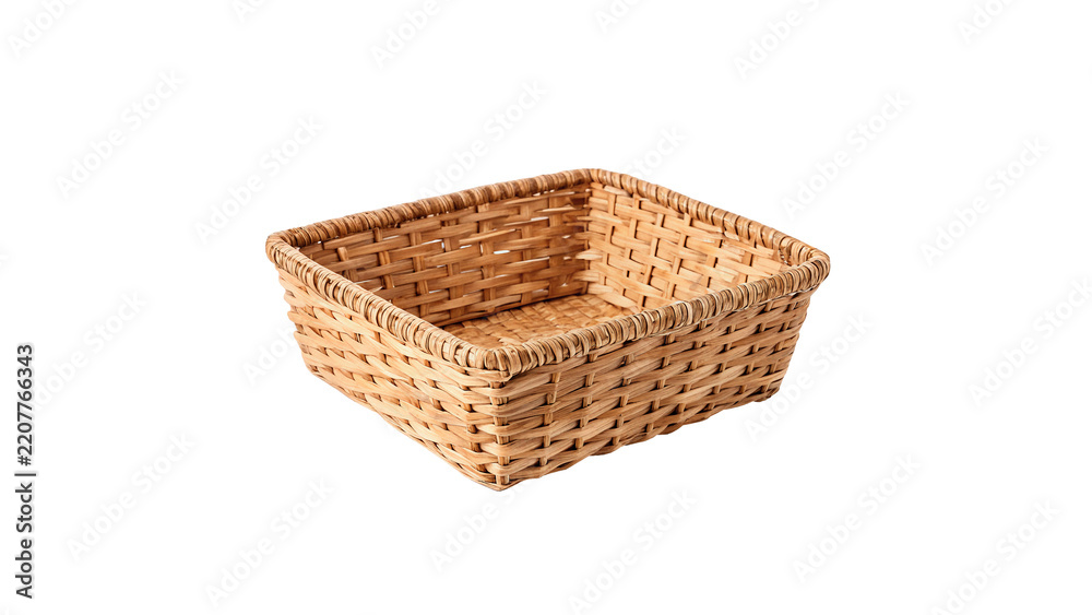 Obraz premium Empty rectangular wicker basket tray isolated on transparent background