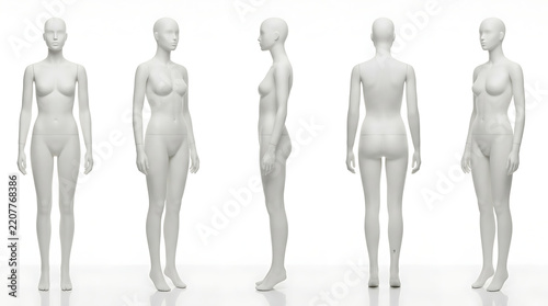 Comprehensive 3D female mannequin display showcasing anatomical features and different viewing angles for fashion and design