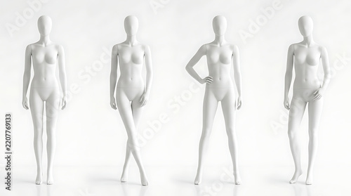 Set of four minimalistic white female mannequins in different poses displaying fashion figures on a plain light background