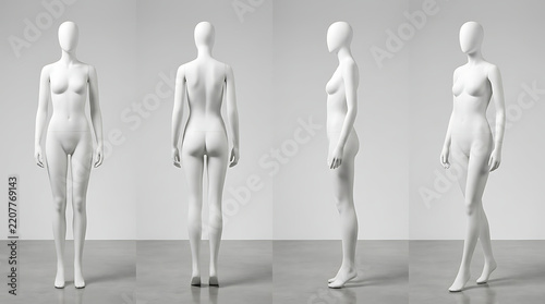 Minimalist mannequin display featuring front, back, and side views highlighting human form in neutral setting for fashion and