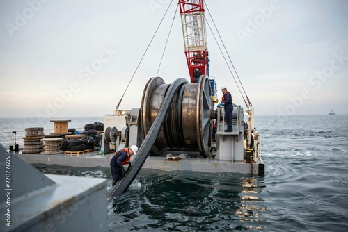 Subsea cable being spooled onto a cable lay ship