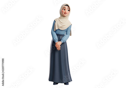 Isolated 3D character of a Muslim woman in hijab, smiling gently