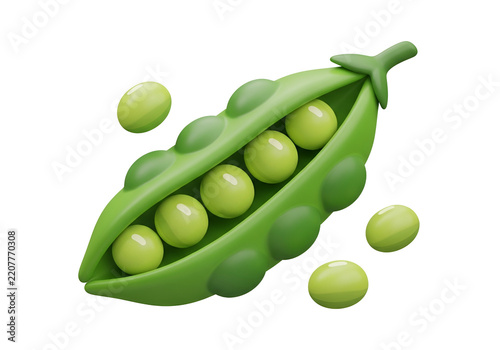 Isolated 3D green pea pod with seeds, fresh, healthy, natural ingredient