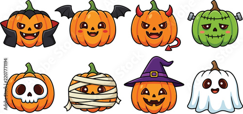 Cute cartoon halloween pumpkin characters, set of 8 spooky monster jack o lantern icons, funny holiday pumpkin vector illustrations