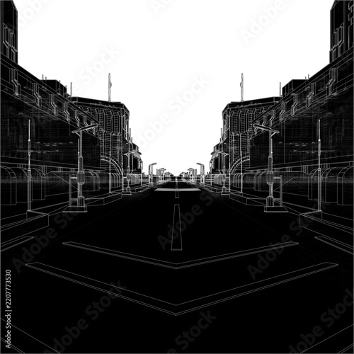 Modern Cyberpunk City Vector. Megastructures: Monolithic Brutalist Concrete Towers, Towering Glass-and-Steel Corporate Skyscrapers, And Exposed Utility Pipes.