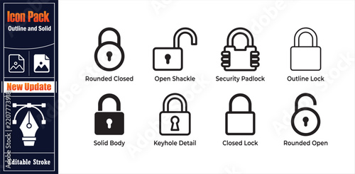 Security padlock icons collection featuring various lock states from rounded closed open shackle to solid body security types.