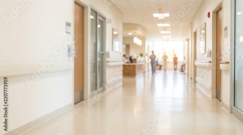 Soft blurred hospital corridor illuminated by natural daylight, healthcare background for clinics, medical websites and patient care presentations, close-up, bright clean corridor fading into elegant