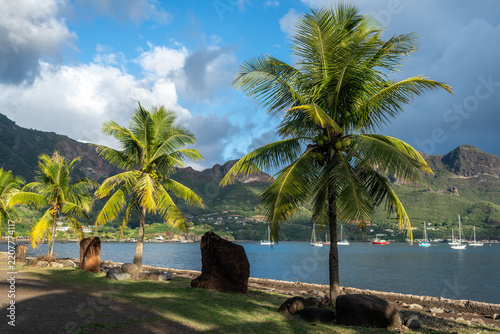 Taiohae Bay and beach with coconut trees in Nuku Hiva, Marquesas, French Polynesia