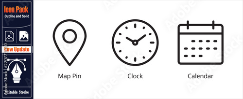 Vector line icons of map pin clock and calendar for time management and location finding tasks in professional planning apps.