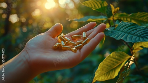 A hand gently holding kratom capsules against a natural backdrop.