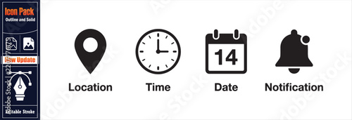 Location time date and notification outline icons featuring classic black symbols for digital event scheduling and mobile alerts.