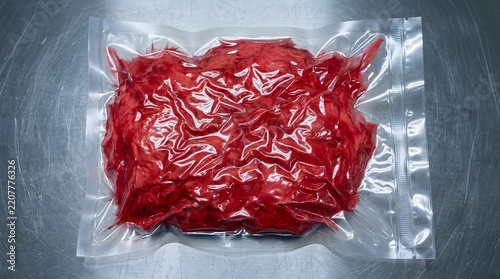 Vacuum sealed bag of red feathers on a metal surface symbolizing suppressed passion contained emotion and love packed away for safekeeping