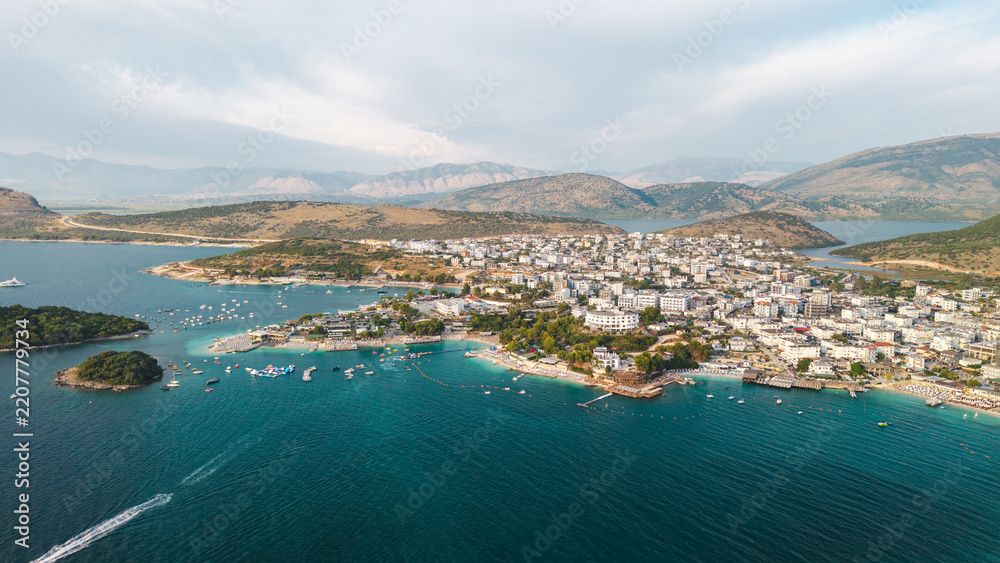 Obraz premium Aerial View of Ksamil Coastal Town Bays Islands and Mountains