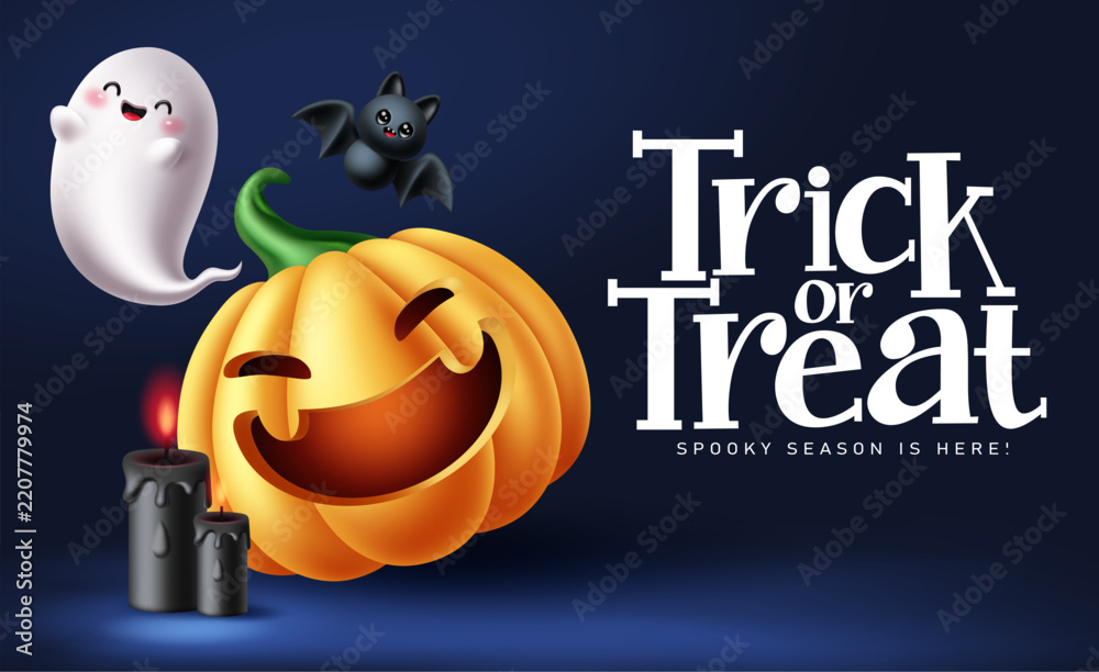 Obraz premium Trick or Treat Halloween Greeting Card Pumpkin Ghost Character Clipart Banner. Cute Halloween Trick or Treat typography with cheerful orange pumpkin, smiling ghost and adorable black bat on blue 