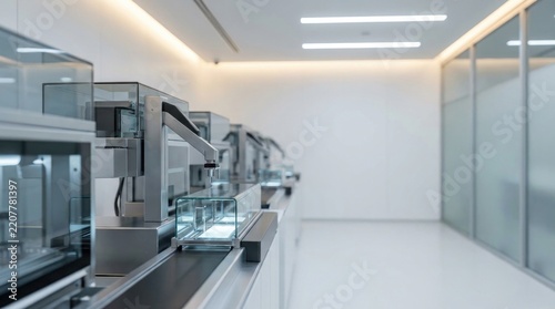Modern clinical diagnostics laboratory with advanced automated testing systems extending into elegant sterile perspective beneath premium architectural lighting, expansive clean copy space, ultra rea