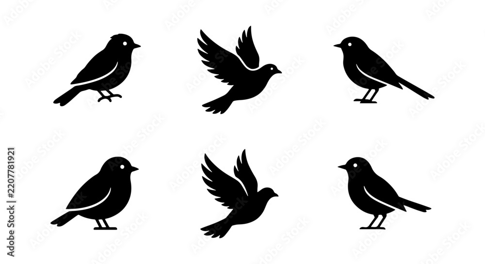 Fototapeta premium Six silhouette birds, some flying and some perched, displayed on a plain white background.