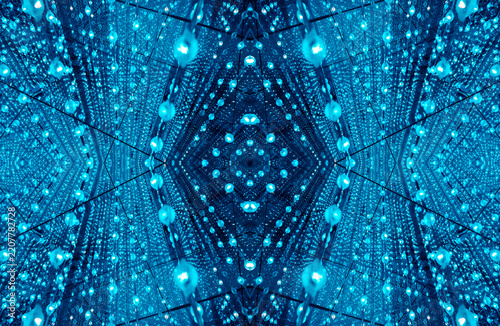 immersive space glowing geometric shapes, lights, and mirrors, geometric shapes floating nearby, abstract cosmic backdrop