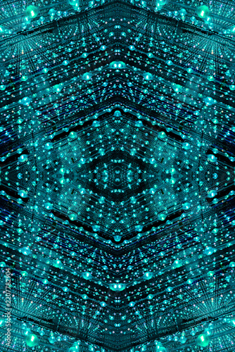 immersive space glowing geometric shapes, lights, and mirrors, geometric shapes floating nearby, abstract cosmic backdrop
