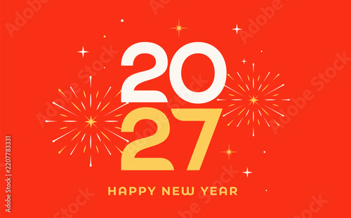 2027 Happy New Year card with large numerals and fireworks bursts on a red background. Vector design for holiday greetings, party invitations, social media banners and seasonal promotions.