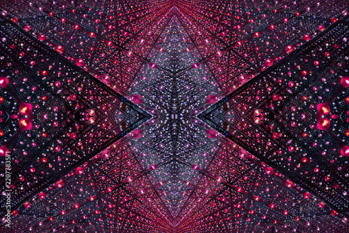 immersive space glowing geometric shapes, lights, and mirrors, geometric shapes floating nearby, abstract cosmic backdrop