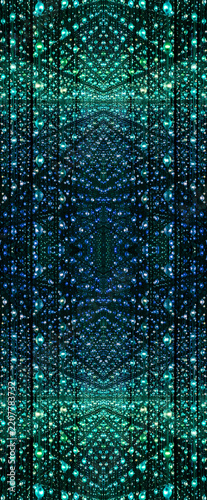 immersive space glowing geometric shapes, lights, and mirrors, geometric shapes floating nearby, abstract cosmic backdrop