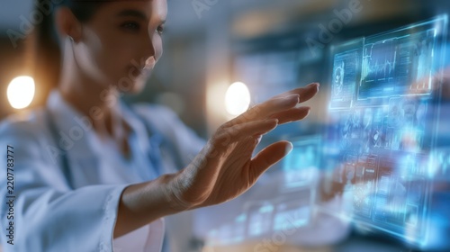 A scientist interacting with a futuristic holographic interface, displaying complex data and charts, showcasing advanced technology in a research setting