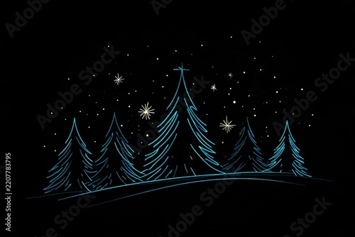Winter landscape stylized neon trees blue line drawing dark background for christmas holiday decor.