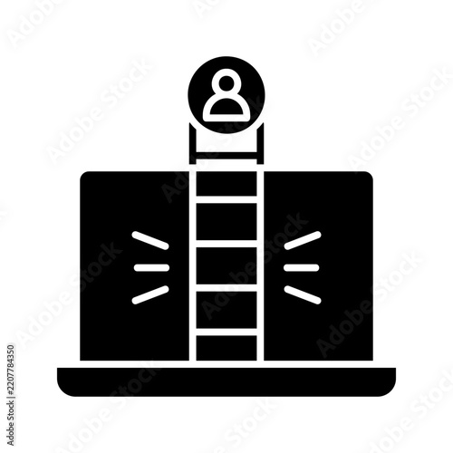 Laptop screen display tall vertical segmented career ladder progress bar user icon.