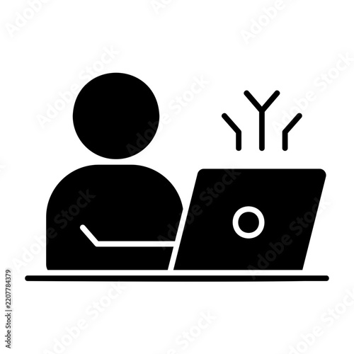 Black line icon human silhouette computer monitor abstract data technology digital interface.