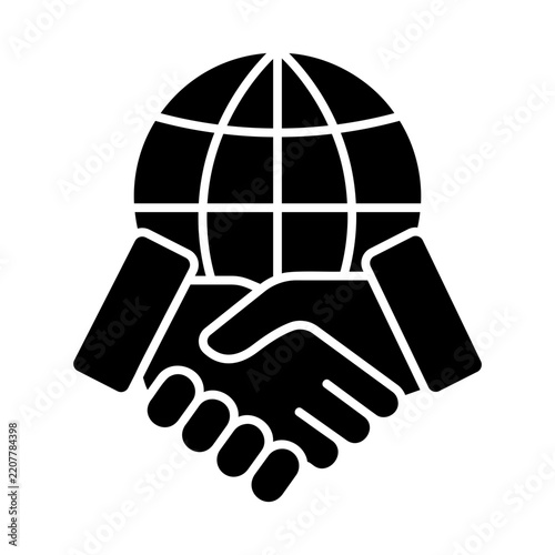 Global partnership concept black white line art icon globe handshake business symbol.