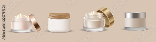 A premium set of four realistic cosmetic cream jars, featuring both open and closed containers with elegant gold and silver lids,  showcasing skincare, moisturizer, or beauty product branding, Vector