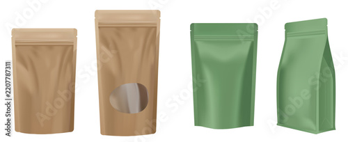 Vector collection of four blank stand-up pouches in natural brown kraft paper and matte green textures, 