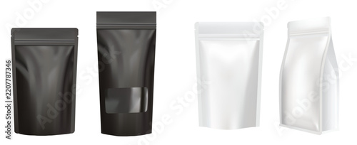 A versatile collection of four blank stand-up pouches in matte black and clean white finishes, featuring various front and side angles, Vector