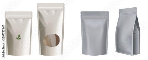 Set of four blank, Vector realistic stand-up pouches in white and metallic silver finishes,  for versatile product branding and packaging design displays.