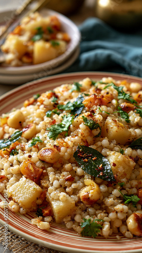Delicious Sabudana Khichdi served on a plate, traditional Indian tapioca pearls dish for Navratri fasting